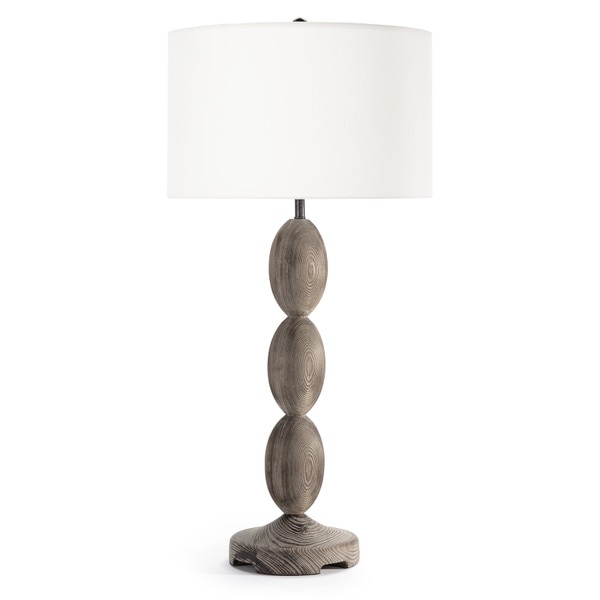 Buoy styled birch wood coastal lamp with white linen shade